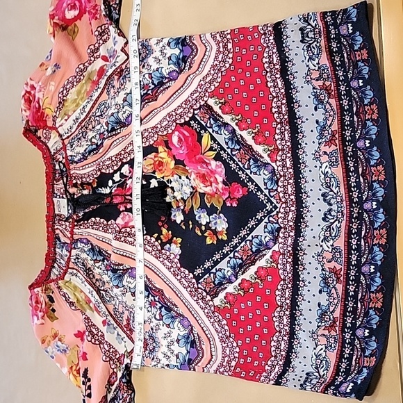 Bila Size S Tie Neckline Boho / Handkerchief Print Bell Sleeve Top, EUC - Picture 8 of 13